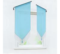 Joyswahl Rideau Brise-bise Transparent, Bleu, 1 Panneau, LxH 60x120 cm | Voilage cuisine double couche à passe-tringle, bas en pointe avec pompon, pour petite fenêtre, salon et salle à manger