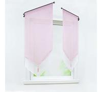 Joyswahl Rideau Brise-bise Transparent, Rose, 1 Panneau, LxH 60x120 cm | Voilage cuisine double couche à passe-tringle, bas en pointe avec pompon, pour petite fenêtre, salon et salle à manger