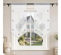 Joyswahl Rideau Voilage Brise-Bise Transparent Gris 1 Pièce LxH 40x60 cm | Voilage Fenêtre à Pompons, Rideau Cuisine pour Petite Fenêtre, Motif Floral Brodé pour Salon, Coin Repas et Salle à Manger