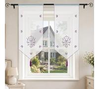 Joyswahl Rideau Voilage Brise-Bise Transparent Violet 1 Pièce LxH 40x90 cm | Voilage Fenêtre à Pompons, Rideau Cuisine pour Petite Fenêtre, Motif Floral Brodé pour Salon, Coin Repas et Salle à Manger