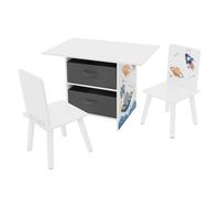Joyz Ensemble de 3 Pièces pour Enfants, 1 Table pour Enfants et 2 Chaises, Motif Espace, Blanc, Ensemble de Meubles en Bois, Bureau Table à Dessin Espace de Rangement, Chambre d'enfants Salle de Jeux