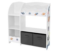 Joyz Étagère pour Enfants, Motif Espace, 93x30x98 cm, Blanc, Coffre avec 8 Compartiments de Rangement et 2 Boîtes en Tissu Amovibles, Bibliothèque pour Chambre d'Enfant, Organisateur de Jouets, Livres