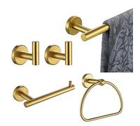 JQK BAS165-BG Ensemble de matériel de Salle de Bain doré brossé 5 pièces Support Mural avec Barre Porte-Serviette de 61 cm, Anneau Porte-Serviette de 17,8 cm, Support de Papier Toilette, 2 Crochets