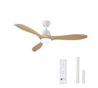 JR BRO Ventilateur de Plafond avec Lampe LED Dimmable et Télécommande, Moteur DC Silencieux 6 Vitesses, 3 Pales en Bois Naturel 132cm, Minuterie, Mode Été/Hiver, 2 Tiges pour Salon et Chambre
