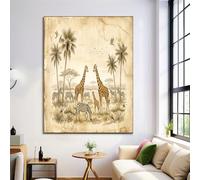 JRISEMECY Affiche Sur Toile Sans Cadre Grand Format, Tableau Decoration Murale Animaux De La Savane Africaine, Impression Sur Toile Girafe Et Zèbre Rétro Beige Pour Décoration Salon Chambre, 50X70Cm