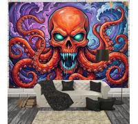 JRISEMECY Tapisserie 230X150 Cm Crâne Gothique Octopus Grande Tenture Murale Rouge Foncé | Tapisserie Murale Tissu Microfibre 3D Animaux Fantastiques Decoration Art Pour Maison Salon Chambre