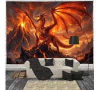 JRISEMECY Tapisserie Murale Décorations Dragon De Lave Volcanique Tenture Murale Impression 3D | Animaux Magiques Fantastiques Tapisserie Affiche Orange Pour Salon Dortoir Décor 230X150 Cm