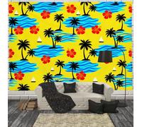 JRISEMECY Tapisserie Murale Décorations Thème Des Îles Hawaïennes Tenture Murale Impression 3D Dessin Animé Fleurs Cocotiers Tapisserie Affiche Jaune Pour Salon Chambre Dortoir Décor 200X150Cm