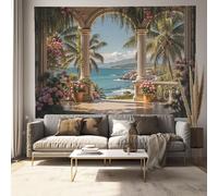 JRISEMECY Tapisserie Murale Paysage Océanique Tropical Esthétique Affiche Architecture Rétro Beige Pour Décor De Maison Arrière Plan De Fête Chambre À Coucher, Tenture Murale, 230X180Cm