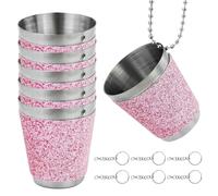 JRSHIRLEYLTD Lot de 6 gobelets à shot en métal à suspendre - En acier inoxydable - Avec chaîne - 30 ml - Rose - Avec 6 pendentifs argentés de 25 mm - Avec fermoir mousqueton