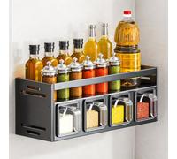 JS Space Étagère à Épices Murale, Organiseur à Épices Mural avec Bacs | Rangement Multi-Niveaux pour Huiles, Bocaux, Épices et Condiments(black,2tier 4 squares)