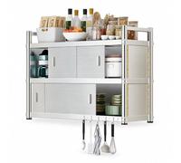 JS Space Étagère Murale Cuisine, Meuble de Rangement en Acier Inoxydable | Grand Rangement avec Placards, Compartiments Ouverts et Crochets(80cm/31.4in)