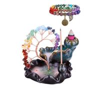 JSDDE Coffret Porte-ences Arbre 7 Chakra Brûleur Cascade Céramique Décor | Lot de Brûleur d'Encens Cascade en Céramique Décoration Carpe Koï & Bracelet Chakra Arbre Vie Élastique Pierres Cadeau Femmes