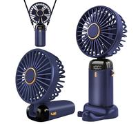 Jsdoin Ventilateur portable rechargeable par USB avec 5 vitesses,mini ventilateur de bureau pliable avec écran LED pour la maison, le bureau,la chambre à coucher, les voyages en plein air (Bleu Foncé)