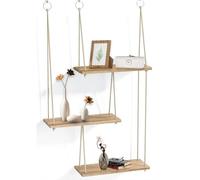 JSUOEO Étagères murales, Étagère de rangement flottante en bois bohème à 3 niveaux avec corde pour décoration murale et suspension de petites plantes pour chambre, salon, cuisine, chambre d'enfant