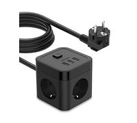 JSVER Cube Multiprise 3M avec USB 3 Prises avec 3 Ports USB Chargeur de Voyage Bloc Multiprise électrique avec Interrupteur 3680W 16A,Cable 3m pour Smartphone Tablette- Noir