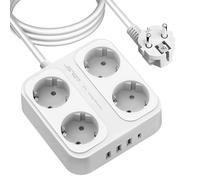 JSVER Multiprise 3M, Parasurtenseurs 4 Prises et 4 Ports USB (3680W/16A), Bloc Multiprise avec 3 Ports USB 1 Ports USB C avec Interrupteurs, Protection Contre Les Surcharges-Blanc