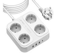 JSVER Multiprise 5M, Parasurtenseurs 4 Prises et 4 Ports USB (3680W/16A), Bloc Multiprise avec 3 Ports USB 1 Ports USB C avec Interrupteurs, Protection Contre Les Surcharges-Blanc