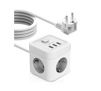 JSVER Multiprise Cube avec USB, Bloc Multiprise 3 Prises avec 3 Ports USB Chargeur (3680W 16A) Parasurtenseur Parafoudre et Surtension avec Interrupteur Cable 5M-Blanc