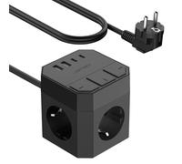 JSVER Multiprise Cube USB C avec Interrupteurs individuels,Multiprise avec 3 Prises et 2 Type C,2 USB A, Bloc Multiprises (3680W 16A) USB avec Cable 2m pour Smartphone Tablette- Noir
