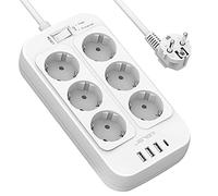 JSVER Multiprise Electrique,Bloc 6 Prises 3680W 13A avec 4 Ports Chargeur (3 USB 1 USB C) Prise Multi Parasurtenseur Parafoudre et Surtension avec Interrupteur Cable 2m-Blanc
