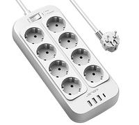 JSVER Multiprise Electrique,Bloc Multiprise 8 Prises(3680W 16A) avec 4 Ports USB Chargeur (3 USB 1 USB C) Prise Multi Parasurtenseur Parafoudre et Surtension avec Interrupteur Cable 2m-Blanc