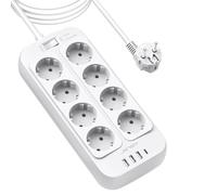 JSVER Multiprise Parasurtenseur,Bloc Multiprise 8 Prises avec 4 Ports USB Chargeur (3 USB 1 USB C) Prise Multi Parasurtenseur Parafoudre et Surtension avec Interrupteur Cable 3M-Blanc