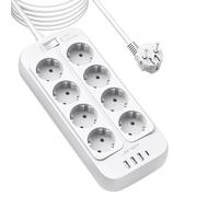JSVER Multiprise Parasurtenseur,Bloc Multiprise 8 Prises avec 4 Ports USB Chargeur (3 USB 1 USB C) Prise Multi Parasurtenseur Parafoudre et Surtension avec Interrupteur Cable 5M-Blanc