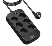 JSVER Multiprise Parasurtenseur USB,Multiprise Electrique 6 Prises avec 4 Ports USB Chargeur de Voyage(5V3,4A/17W) Parafoudre et Surtension avec Interrupteur Cable 3m pour Smartphone Tablette- Noir