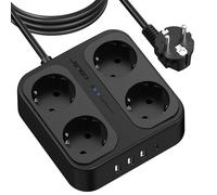 JSVER Multiprise Parasurtenseurs 3M,Multiprises parafoudre et surtension 4 Prises avec 3 Ports USB 1 Ports USB C (5V3,4A) pour Smartphone, Maison, Bureau-Noir