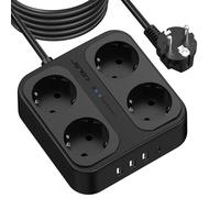 JSVER Multiprise Parasurtenseurs 5M,Multiprises parafoudre et surtension 4 Prises avec 3 Ports USB 1 Ports USB C (5V3,4A) pour Smartphone, Maison, Bureau-Noir