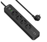 JSVER Multiprise Parasurtenseurs USB 4 Prises avec 2 Ports USB 2 Ports USB C Chargeur (5V3,4A) Multiprises parafoudre et surtension avec Cable 2m pour Smartphone, Maison, Bureau-Noir