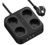 JSVER Multiprise Parasurtenseurs USB 4 Prises avec 3 Ports USB 1 Ports USB C Chargeur (5V3,4A) Multiprises parafoudre et surtension avec Cable 1,8m pour Smartphone, Maison, Bureau-Noir