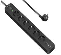 JSVER Multiprise Parasurtenseurs USB 6 Prises avec 2 Ports USB 2 Ports USB C Chargeur (5V3,4A) Multiprises parafoudre et surtension avec Cable 2m pour Smartphone, Maison, Bureau-Noir