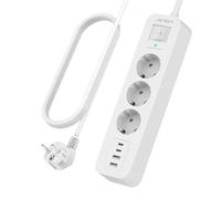 JSVER Multiprise USB C 3 Prises avec 4 Ports USB Chargeur de Voyage (5V3,4A), Parafoudre et Surtension Multiprise 3680W 16A avec Cable 2m pour Smartphone, Maison, Bureau-Blanc
