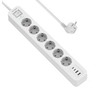 JSVER Multiprise USB C,6 Prises avec 4 Ports USB Chargeur de Voyage, Parasurtenseur Multiprise Electrique(3680W 16A) Parafoudre et Surtension avec Interrupteur Cable 2m pour Smartphone Tablette- Blanc