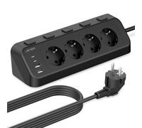 JSVER Multiprise USB C avec Interrupteurs Individuels, Prise d'angle 4 Compartiments avec 2 USB C,2 USB A, Bloc Multiprises (3680W 16A) Bureau avec Cable 4m pour Smartphone Tablette- Noir