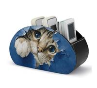 Jubonexis Boîte de rangement pour télécommandes en cuir avec 5 compartiments en cuir Motif chat qui regarde un trou Bleu aquarelle