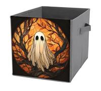Jubonexis Cubes de rangement pliables en tissu avec poignées pour étagères, placards, fantôme blanc sur branches d'arbre, vitrail, 27 x 27 cm