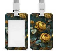 Jubonexis Porte-badge rétractable avec motif floral jaune foncé et vert coloré pour le travail, le bureau, les médecins, les infirmières