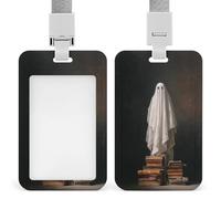 Jubonexis Porte-badge rétractable en forme de fantôme debout sur une pile de livres, porte-cartes, porte-nom, étiquette de nom pour travail, bureau, médecin, infirmière