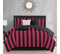Juicy Couture Cabana Parure de lit réversible à Rayures - Grand lit/lit Double - Imprimé à Rayures Noires et Rose Vif - 6 pièces - Comprend 1 Couette de 229 x 229 cm, 3 oreillers décoratifs, 2 taies