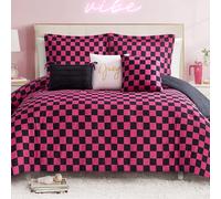 Juicy Couture Parure de lit 5 pièces réversible à Motif Damier pour lit jumeau/lit jumeau XL Noir/Rose Vif