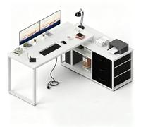 JUMMICO Bureau d'angle, 140 x 105 cm, Réversible, 3 Tiroirs en Tissue, Noir | Design en L Réversible avec Étagères, Prise de Courant Intégrée, Grand Espace de Travail