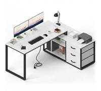 JUMMICO Bureau d'angle avec 3 tiroirs, Bureau d'ordinateur réversible en Forme de L, 140 x 105 cm, avec Espace de Rangement supplémentaire, Bureau de Bureau avec Prise de Courant, Hauteur de