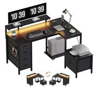 JUMMICO Bureau d'angle avec Armoire de Rangement, 139 x 120 cm, LED, Noir | Réversible, Prises & Ports USB Intégrés, pour Gaming et Télétravail, Maximise l'Espace d'Angle, Montage Facile
