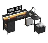 JUMMICO Bureau d'angle avec Armoire de Rangement, 160 x 120 cm, LED, Noir | Réversible, Prises & Ports USB Intégrés, pour Gaming et Télétravail, Maximise l'Espace d'Angle, Montage Facile