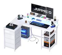 JUMMICO Bureau d'angle en Forme de L 135 cm avec lumières LED, Bureau pour Ordinateur Bureau, Maison, Table de Jeu avec étagères de Rangement, Structure Stable et Design réversible, Blanc