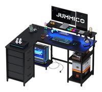 JUMMICO Bureau d'angle en Forme de L 135 cm avec lumières LED, Bureau pour Ordinateur de Bureau, Maison, Table de Jeu avec étagères de Rangement, Structure Stable et Design réversible, Noir