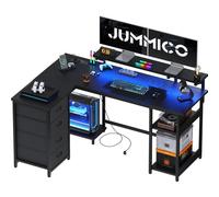 JUMMICO Bureau d'angle en Forme de L de 155 cm avec lumières LED, Bureau d'ordinateur pour Bureau à Domicile avec étagères de Rangement, Structure Stable et Design réversible, Noir